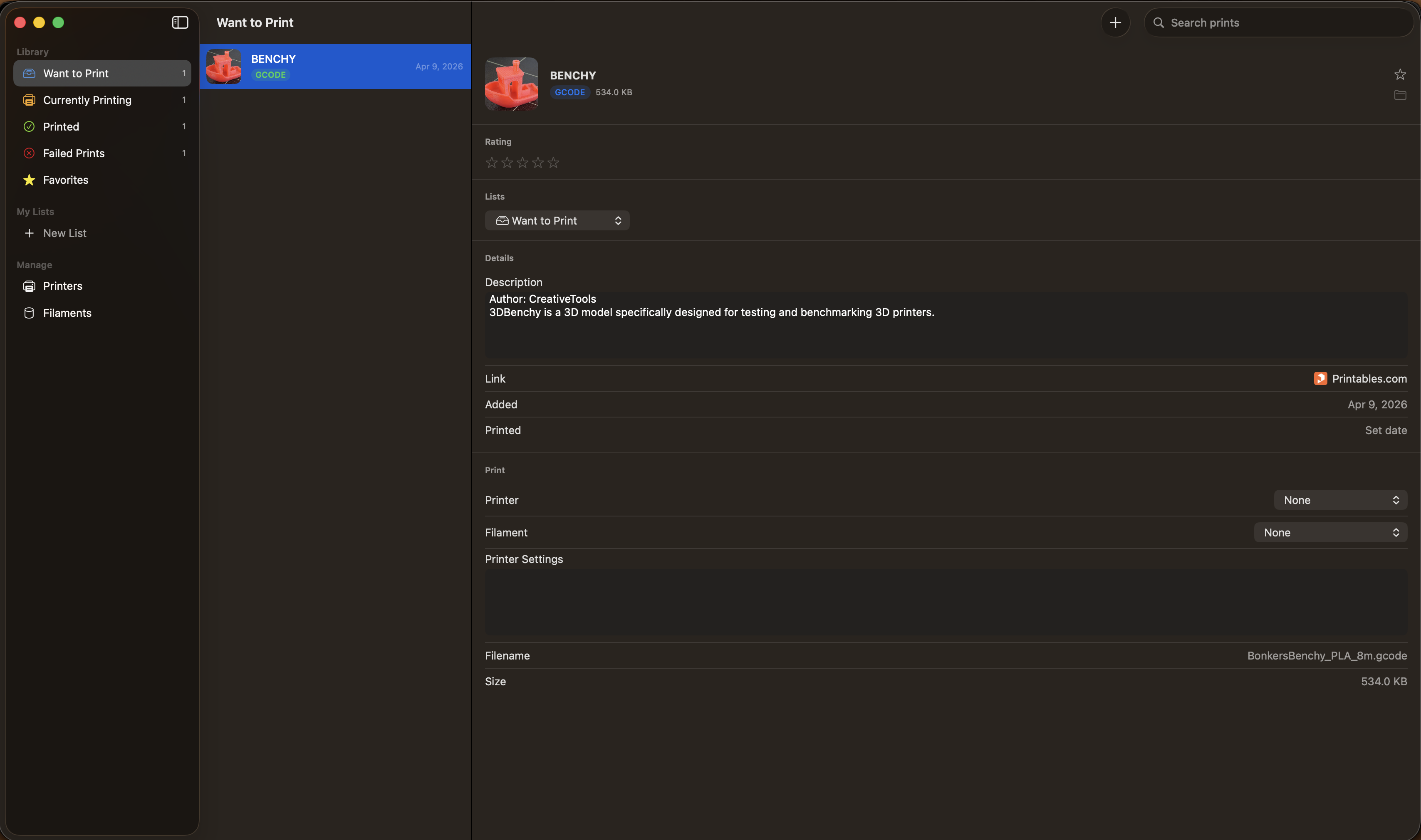 PrintTracker app screenshot showing the sidebar, print list, and detail panel